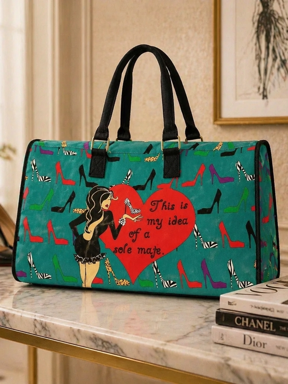 Teal Graphic Travel Tote Bag with Heart and Shoe Print